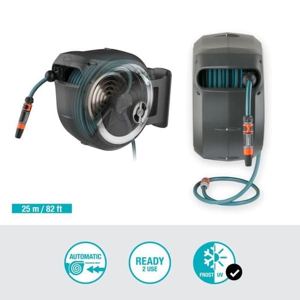 GARDENA RollUp® M/L automatisk väggmonterad slangupprullare med vit kant – Längd 25m – Ø13mm – Komplett sats – 5 års garanti (18622-20)