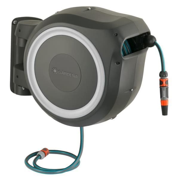 GARDENA RollUp® M/L automatisk väggmonterad slangupprullare med vit kant – Längd 25m – Ø13mm – Komplett sats – 5 års garanti (18622-20)