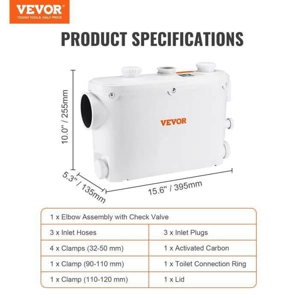 VEVOR sanitetskvarn för toalettavloppslyftpump 500W 8m 3 vatteninlopp
