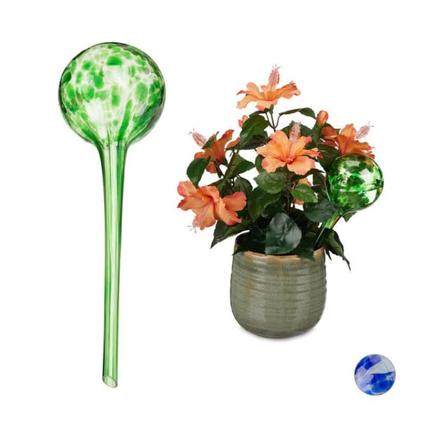 Relaxdays Vattenspridare set om 2, Vattendistributör för växter och blommor, kontorsverktyg, Ø 9 cm, glas, grön