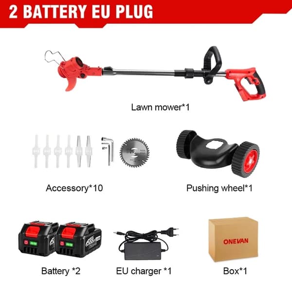 Trådlös Grästrimmer, 2500W Effekt, Justerbar & Hopfällbar, 2 Batteri EU-kontakt