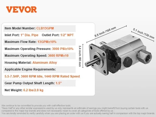 Hydraulisk vedklyvspump, 13/16 GPM, 3000/4000 PSI, 3600 RPM, 5,5-7,5HP Motor Kompatibilitet,CLB13GPM 3000PSICLB13GPM 3000PSI