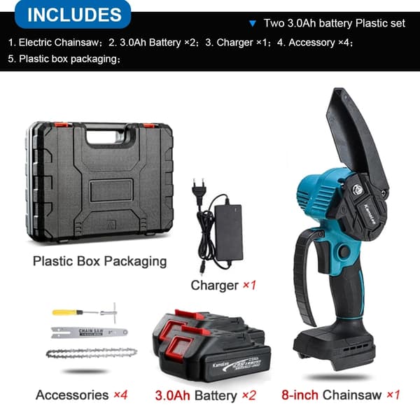 Kamolee 8 Tommer Mini Kædesav, 2000W Børsteløs Motor, 24V Højhastigheds Skærer,8 tommer 2x3.0Ah Plastik, EU
