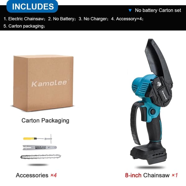 Kamolee 8 Tommer Mini Kædesav, 2000W Børsteløs Motor, 24V Højhastigheds Skærer,8 tommer 2x3.0Ah Plastik, EU