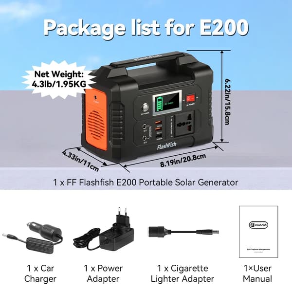 Kannettava aurinkogeneraattori, 200W AC-lähtö, 151Wh kapasiteetti,230V Yleinen E200