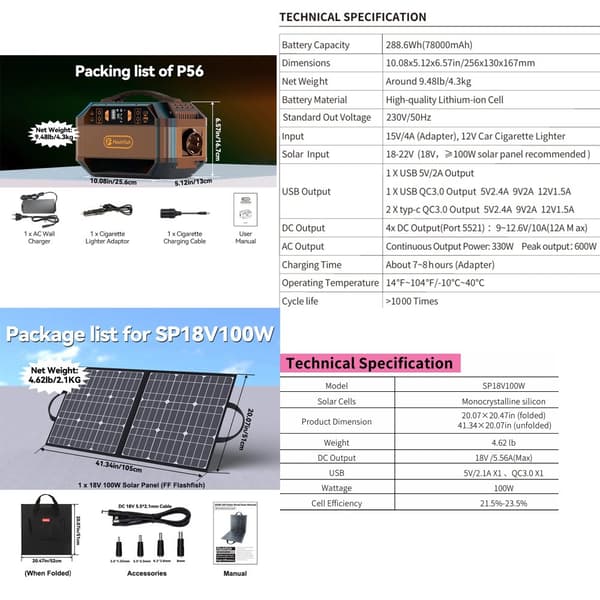 Bærbar Strømstation, 288,6Wh Kapacitet, 330W AC Udgange,230V P56 og Panel
