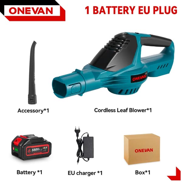 Harjaton langaton lehtipuhallin, 5500W teho, 180 m/s maksimi tuulennopeus,1 Akku EU Plug