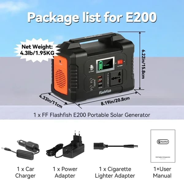 Bærbar solgenerator, 200W AC-output, 151Wh kapacitet,230V Universel