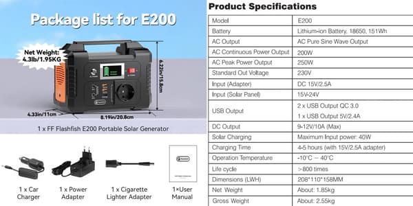 Bærbar solgenerator, 151Wh kapacitet, 200W AC output,151Wh E200 230V