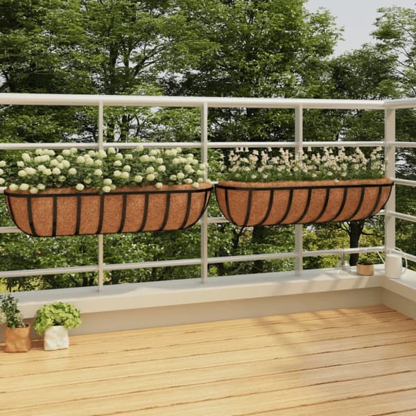 vidaXL Blomlådor 2 st med kokosfibrer svart 91x20x23 cm stål - Krukfat och brickor