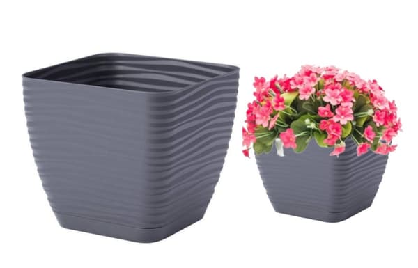 Blomkruka med fat, fyrkantig, plast, grafit, 16,7x15,4 cm, Sahara