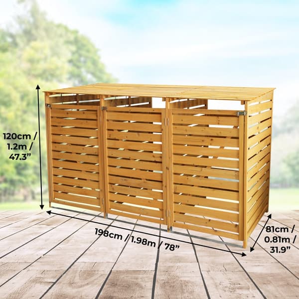 Förråd för 3 x 240 Liter Soptunnor med Lock Naturligt Timmer Förvaringsbod Bod Skjul Trädgård Trädgårdskjul Utomhus Förvaring Låsbar + Monteringskit