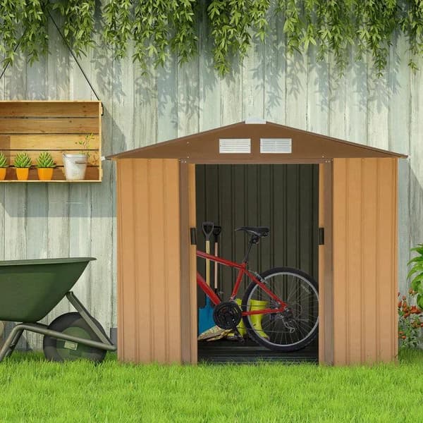 Rootz Haveskur - Redskabsskur - Metalopbevaringsskur med skydedøre - Udendørs opbevaringsskur med fundamentventilation - Gul - 2,13 x 1,30 x 1,85 cm