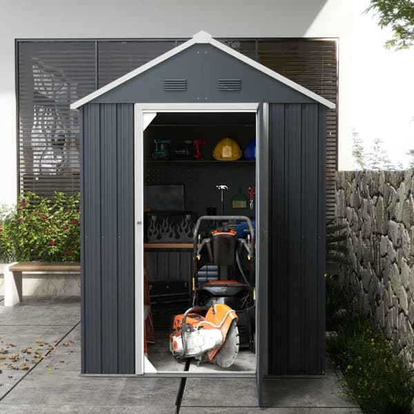 Rootz Haveskur - Metalredskabsskur - Dobbeltdør - Vindue - Udstyrsskab - Cykelgarage - Galvaniseret stål - Polypropylen - Grå - 259L x 172W x 222H cm