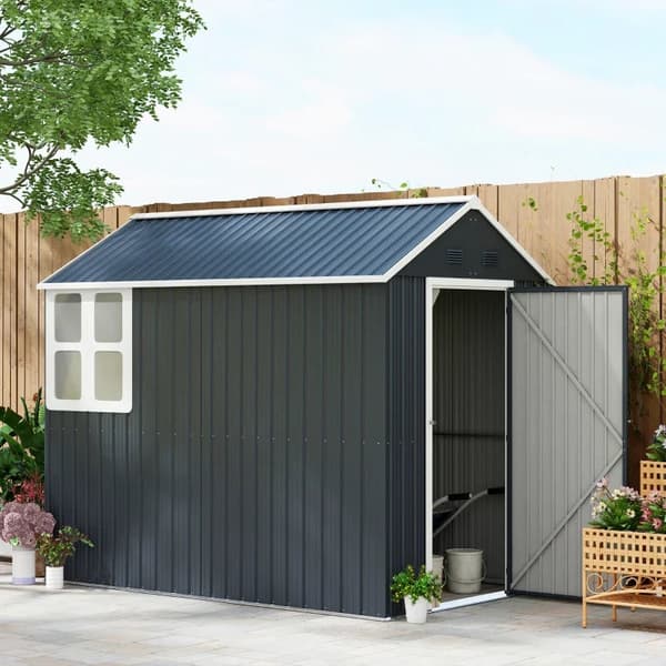 Rootz Haveskur - Metalredskabsskur - Dobbeltdør - Vindue - Udstyrsskab - Cykelgarage - Galvaniseret stål - Polypropylen - Grå - 259L x 172W x 222H cm