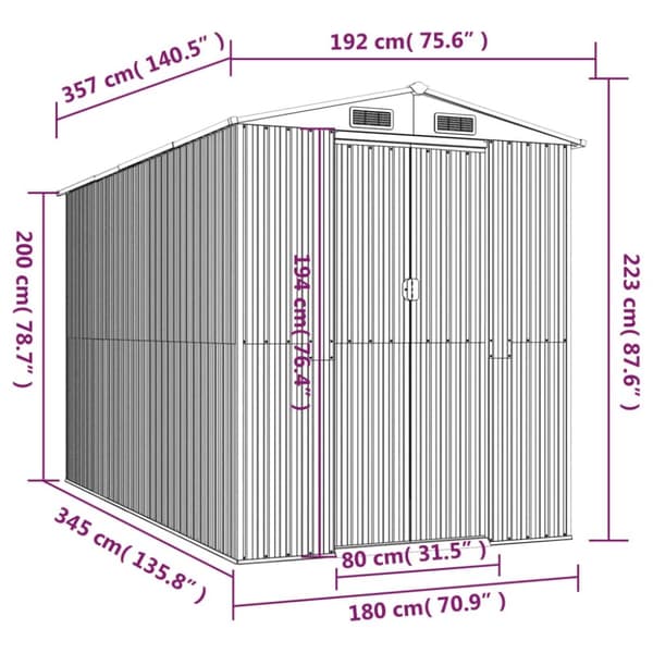 vidaXL haveskur 192x357x223 cm galvaniseret stål lysegrå -  Skure & Redskabsskure