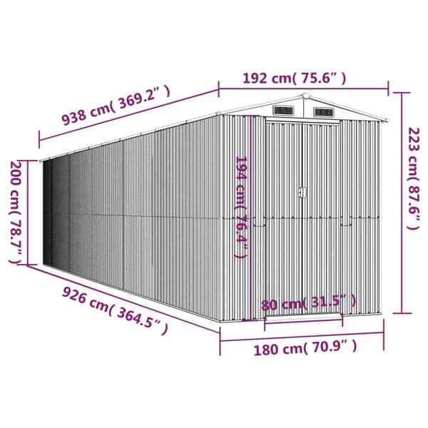vidaXL haveskur 192x938x223 cm galvaniseret stål lysegrå -  Skure & Redskabsskure