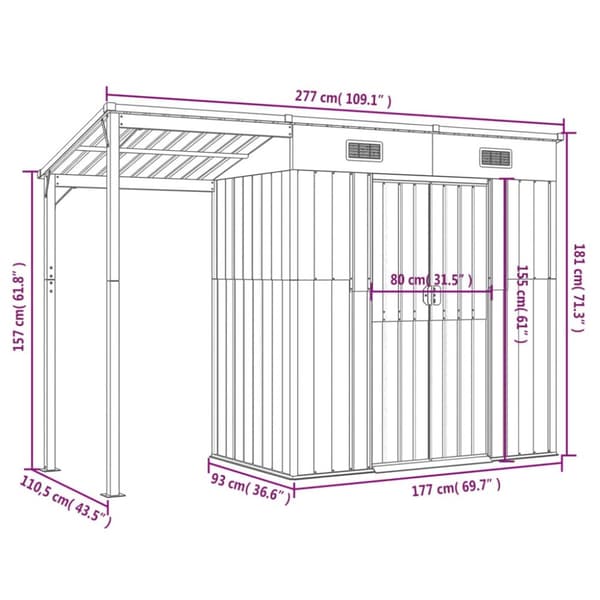 vidaXL Puutarhavaja lisäkatolla antrasiitti 277x110,5x181 cm teräs -  Pihavajat