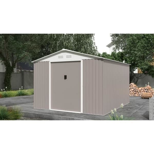 Metallträdgårdsskjul 8,84 m² - 277 x 319 x 202 cm - URANUS - Ankringskit inkluderat, 2 skjutdörrar - Taupe