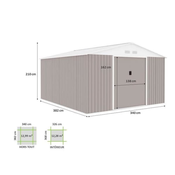 Metallisk trädgårdsförråd 12,99 m² - 340 x 382 x 210 cm - NEPTUNE - Ankar kit inkluderat, 2 skjutdörrar - Taupe