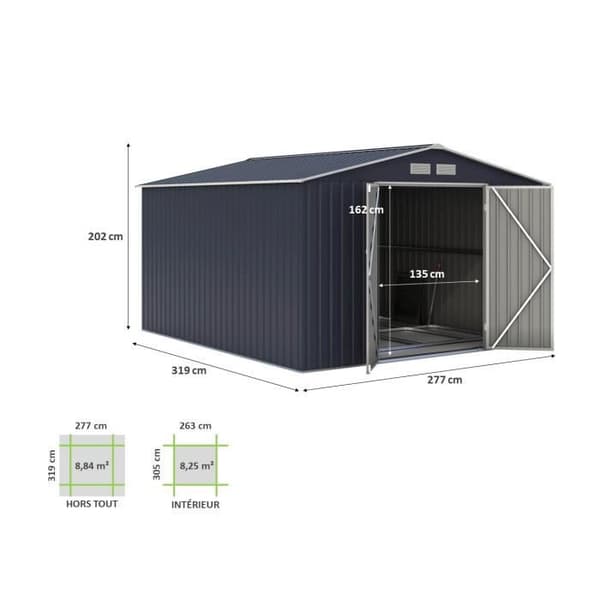 Metallisk trädgårdsskjul 8,84 m² - 277 x 319 x 202 cm - VELASCO - Inkluderar fästkit, 2 dubbeldörrar - Grå