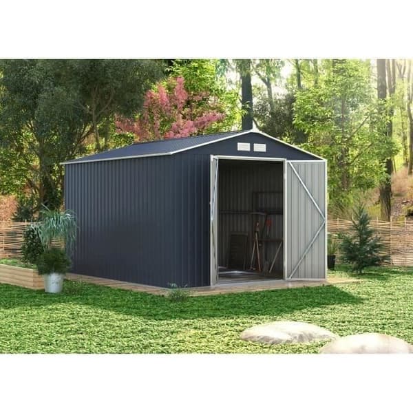 Metallisk trädgårdsskjul 8,84 m² - 277 x 319 x 202 cm - VELASCO - Inkluderar fästkit, 2 dubbeldörrar - Grå
