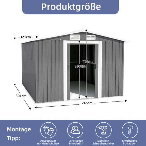 Utomhus metallbod 246*301*178cm, Trädgårdsskjul i stål, Korrosionsskydd, Vattentät redskapsbod, Uteplats, Gräsmatta, Trädgård