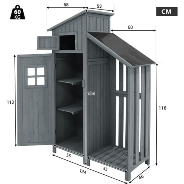 Trädgårdsskjul Verkygsskjul Verkygsskjul, LxPxH:124x46 cm, LxPxH:124x46x174cm, även för små trädgårdar, grå.