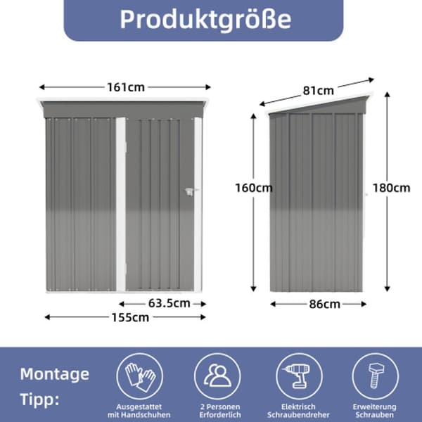 Verktygsskjul med sluttande tak och låsbar dörr, 155*86*180cm, Trädgård, Uteplats, Gräsmatta, Carport, Metallskjul, Grå