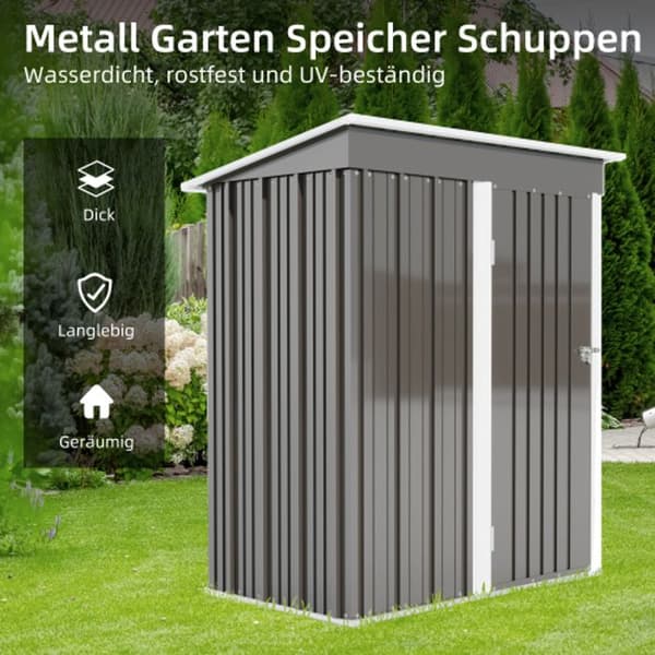 Verktygsskjul med sluttande tak och låsbar dörr, 155*86*180cm, Trädgård, Uteplats, Gräsmatta, Carport, Metallskjul, Grå