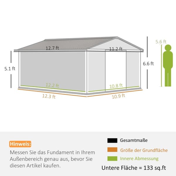 Rootz Tool Shed - Weatherboof Garden Shed - Udendørs opbevaring - Ventileret stålskur - 340 cm x 386 cm x 200 cm