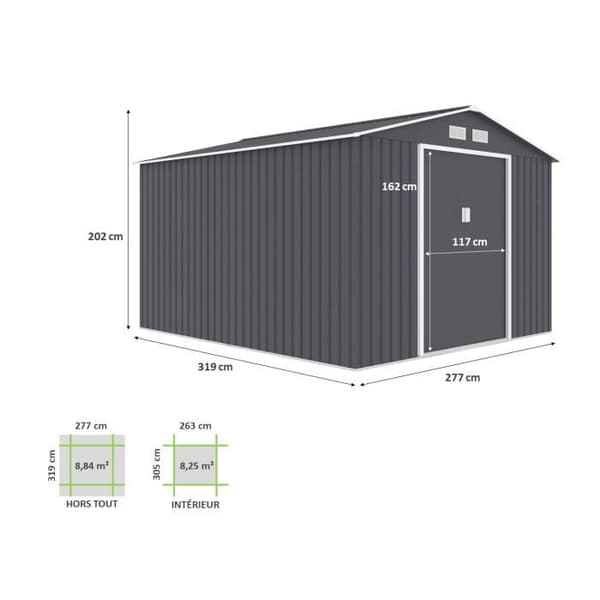 Metallisk trädgårdsskjul 8,84 m² - 277 x 319 x 202 cm - URANUS - Ankarpaket ingår, 2 skjutdörrar - Grå