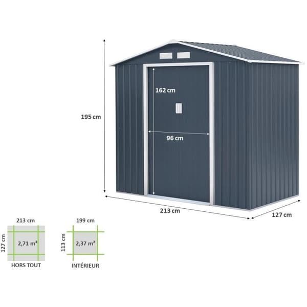Metallförråd 2,71 m² - 213 x 127 x 195 cm - PLUTON - Förankringskit ingår, 2 skjutdörrar - Grå