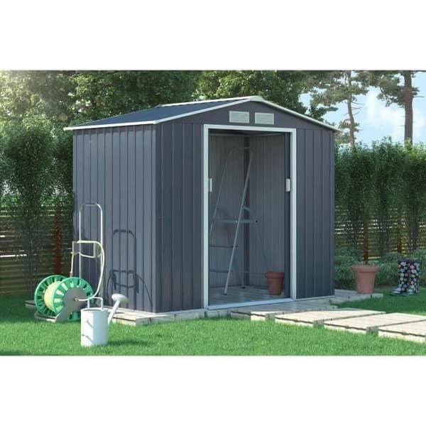 Metallförråd 2,71 m² - 213 x 127 x 195 cm - PLUTON - Förankringskit ingår, 2 skjutdörrar - Grå