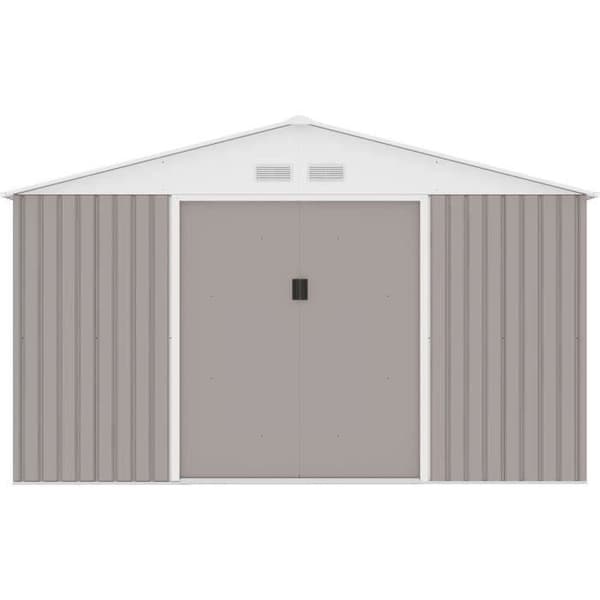 Metallskydd för trädgården 10,85 m² - 340 x 319 x 210 cm - JUPITER - Inkluderar förankringskit, 2 skjutdörrar - Taupe