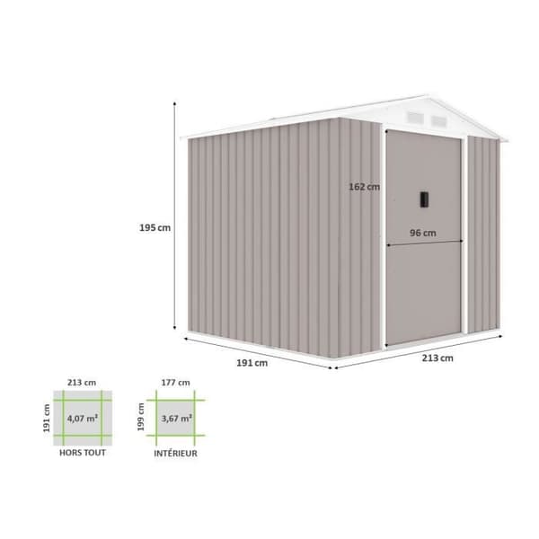 Metallisk trädgårdsskjul 4,07 m² - 213 x 191 x 195 cm - MARS - Ankarpaket ingår, 2 skjutdörrar - Taupe