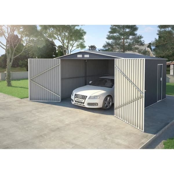 Trädgårdsförråd / Metallgarage 16 m² - 380 x 420 x 232 - COMET - Förankringskit, 2 skjutdörrar, 1 sidodörr Grå