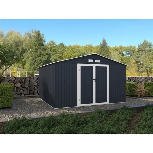 Metallisk trädgårdsbod 10,85 m2 - 340 x 319 x 210 - LUNEX - Ankarpaket inkluderat, 2 dörrar - Grå