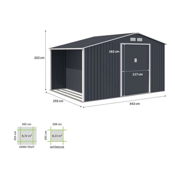 Förråd i metall och vedskjul 8,72 m² - 342 x 255 x 202 - NOVA - Monteringssats för förankring inkluderad, 2 skjutdörrar - Grå