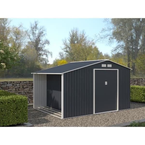 Förråd i metall och vedskjul 8,72 m² - 342 x 255 x 202 - NOVA - Monteringssats för förankring inkluderad, 2 skjutdörrar - Grå