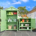 Miniatyrbild 2 av 9: Grönt Trädgårdsskåpsset i Trä – 1 Stor & 1 Små Utomhusskåp för Balkong, Altan & Trädgård, Väderbeständiga Förvaringsskåp för Verktyg & Trädgårdsredska