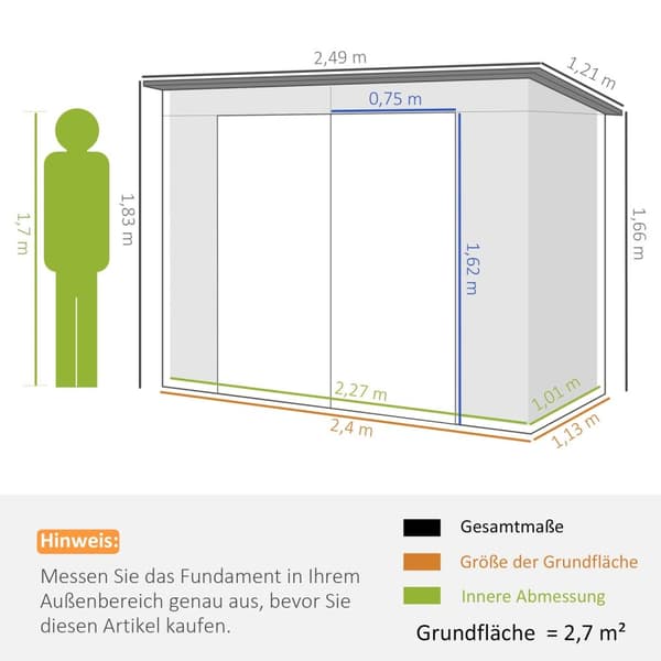 Rootz Steel Garden Tool Shed - Lagringshus - Utrustningshus - Säker lagring - 249B x 121T x 166/183H CM