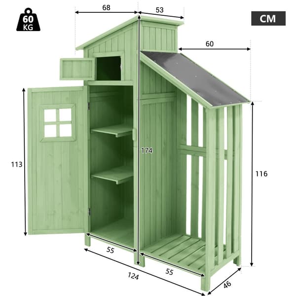 Trädgårdsskjul av granträ - redskapsbod med 2 integrerade hyllor - H 173 cm - vattentätt PVC-tak - grön