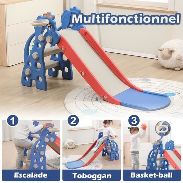 LZQ 3 i 1 multifunktionell rutschkana för barn inomhus inomhuslekplats med basketbåge, klätterstege
