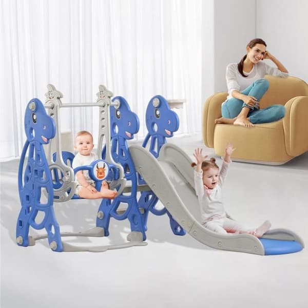 XMTECH rutschkana för barn 3 i 1 175 cm rutschkana med gunga och basketbåge, lekplats inomhus för barn 1-5 år