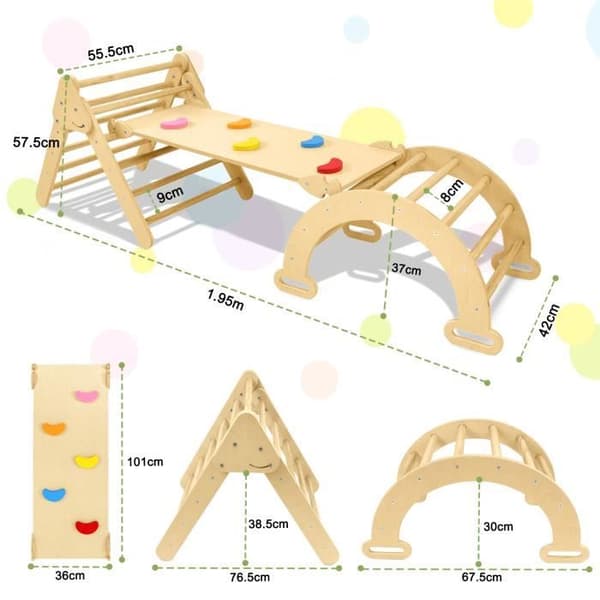 LZQ 3 i 1 klättertriangel &amp; stege &amp; rutschkana för barn, Montessori klätterstege - trärutschkana inomhus
