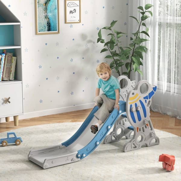 Rootz Børns indendørs dias - Toddler Slide - Kid's Slide - Safe Play med ikke -skridsikre trin - 157L x 46,5W x 80H cm - Blue Rocket -tema