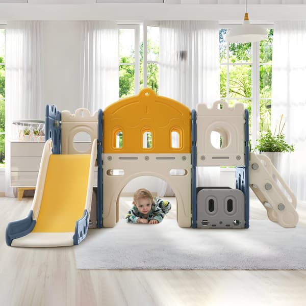 6-in-1 lasten leikkimökki – liukumäki, kiipeily, ryömintäpolku, säilytys, tammi ja koripallorengas – (ei pallomeripalloja mukana)