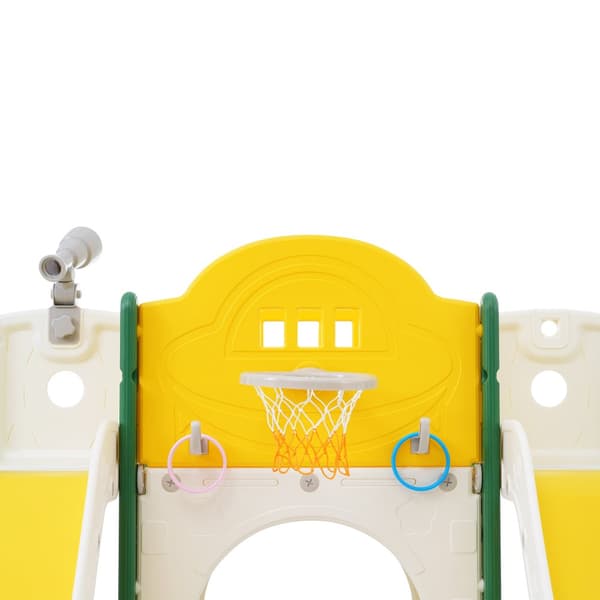 8-i-1 Rutschkana & Klätterleksak för Barn – Dubbelrutsch, Klättring, Krypgång, Förvaring, Basketkorg, Lasso, Teleskop & Hållek