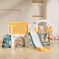 Miniatyrbillede 1 af 11: 7-i-1 børnerutsjebane med gynge – legeramme med rutsjebane, trapper, platform, opbevaringsskabe, basketballkurv og boremaskine